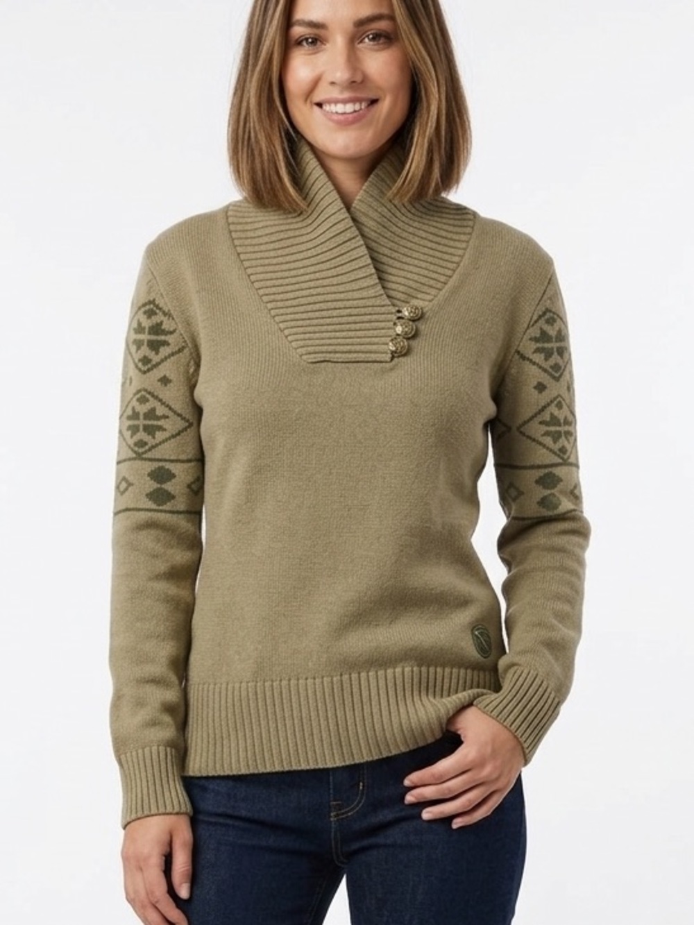 GERSEMI Knit Jacquard Shawl Collar Pullover Sweater Olive Green Button Sz Large